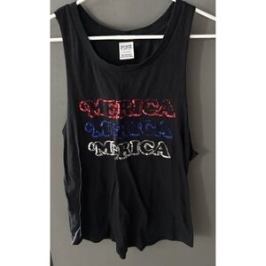 Victoria's Secret Pink America "Merica" Sequin‎ Bling Black Tank Top Large